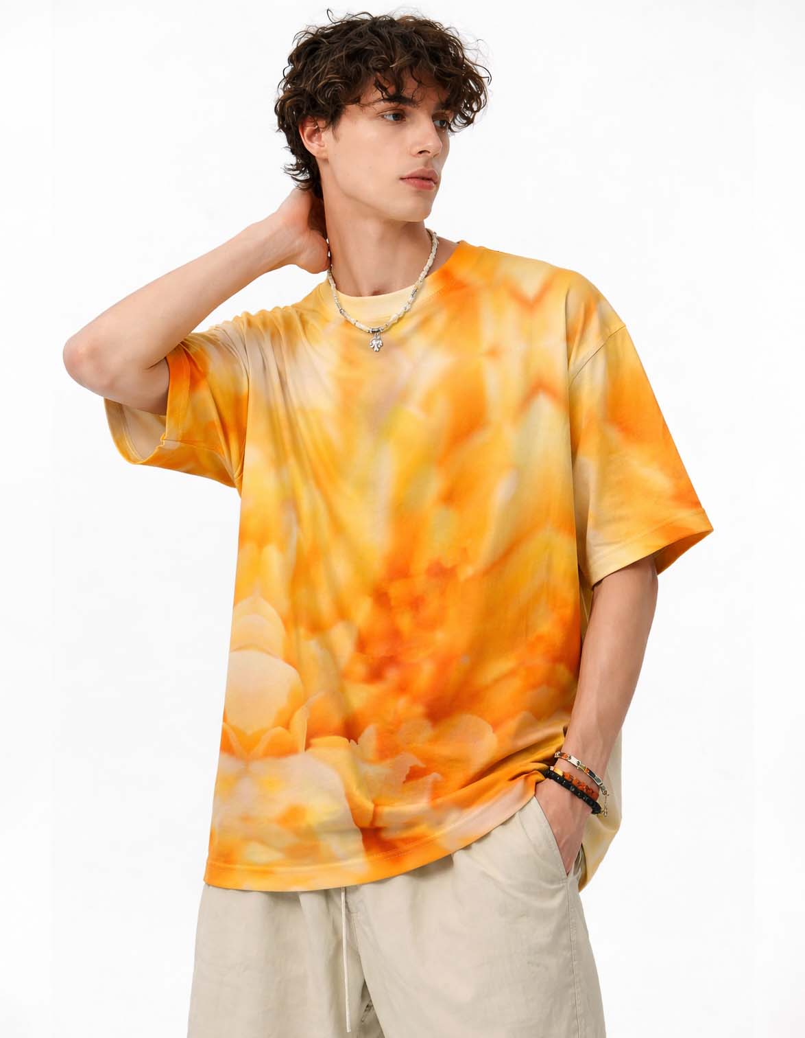 Orange White Cloudy Printed T-Shirt