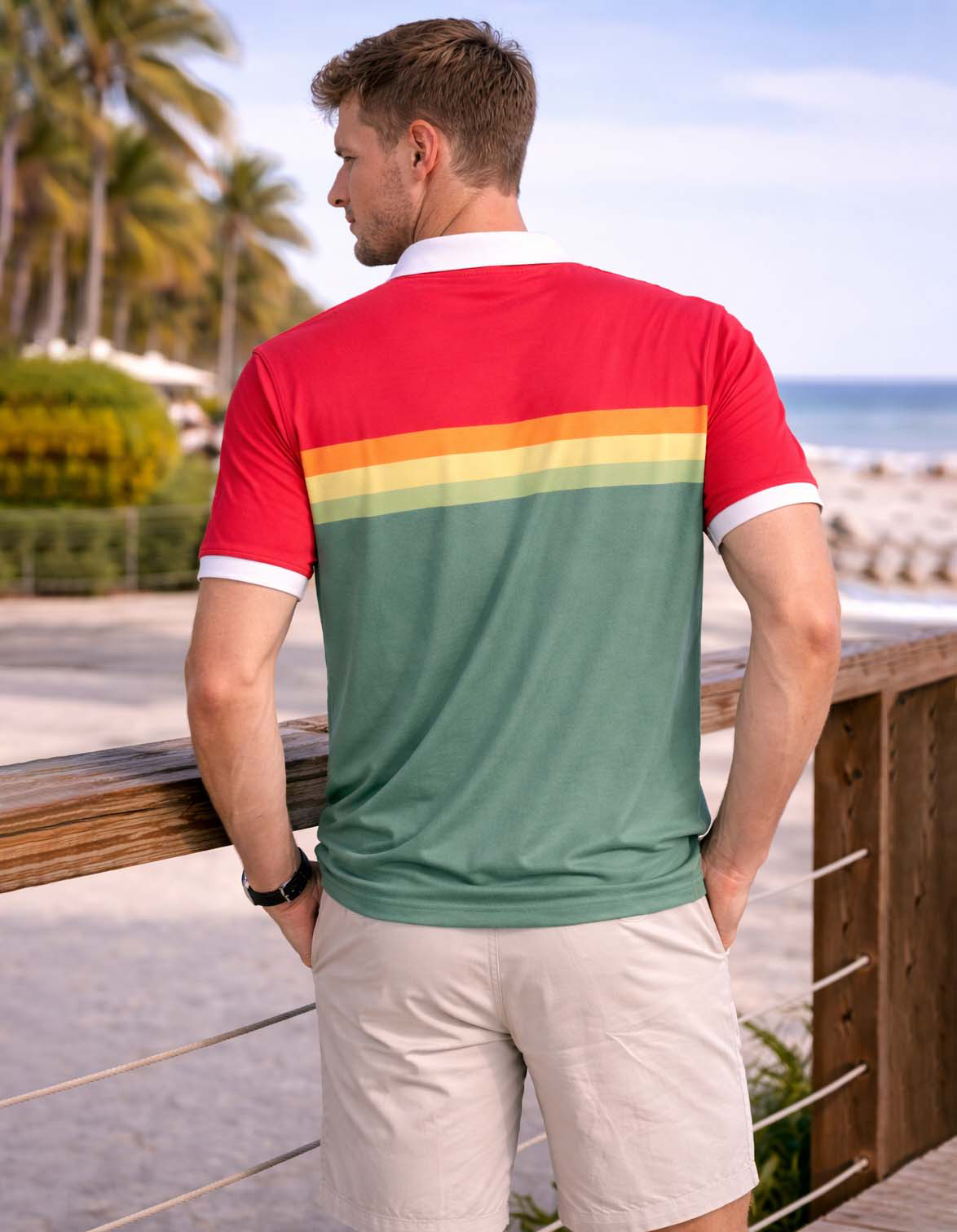 Red Green Striped Printed Polo T-Shirt